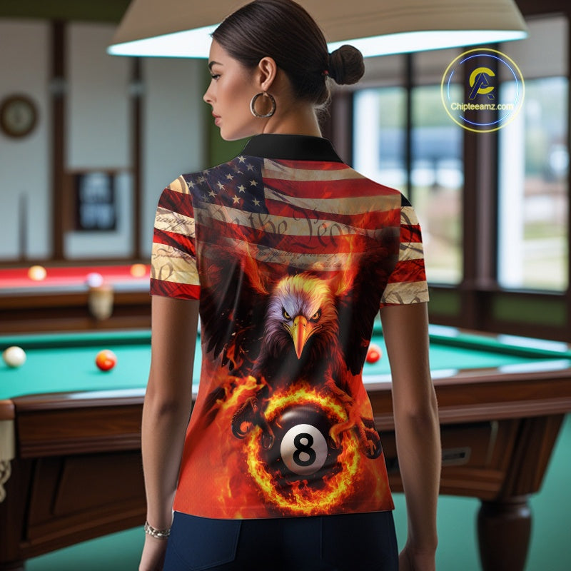 Custom Patriotic Eagle We The People Flame Billiard Shirt For Women, US Flag 8-Ball Shirt IPHW10601
