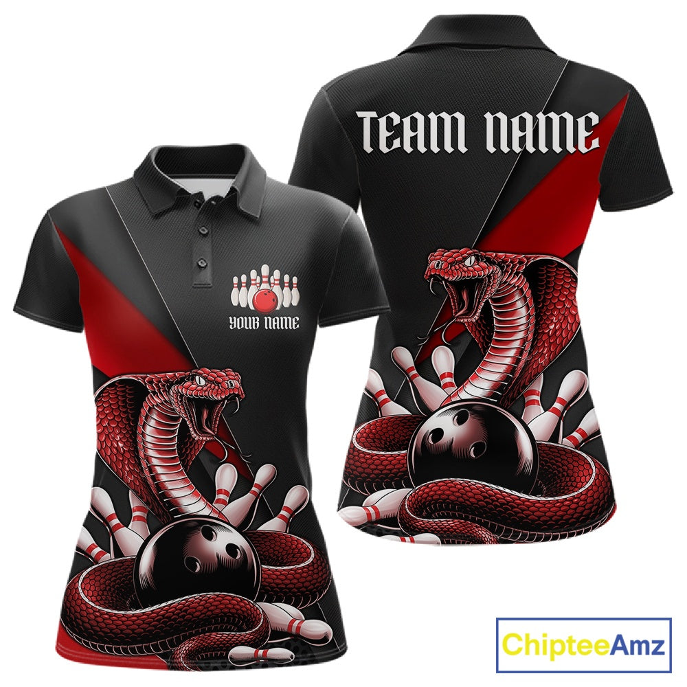 Front and back black womens bowling polo featuring a red cobra coiled around a bowling ball and scattered pins.