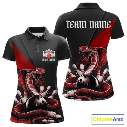 Front and back black womens bowling polo featuring a red cobra coiled around a bowling ball and scattered pins.