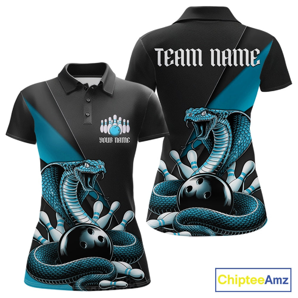 Front and back black womens bowling polo featuring a blue cobra coiled around a bowling ball and scattered pins.