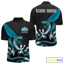 Load image into Gallery viewer, Custom Black And Blue Cobra Snake Bowling Team Jerseys, Men Bowling Quarter-Zip Shirts IPHW11086