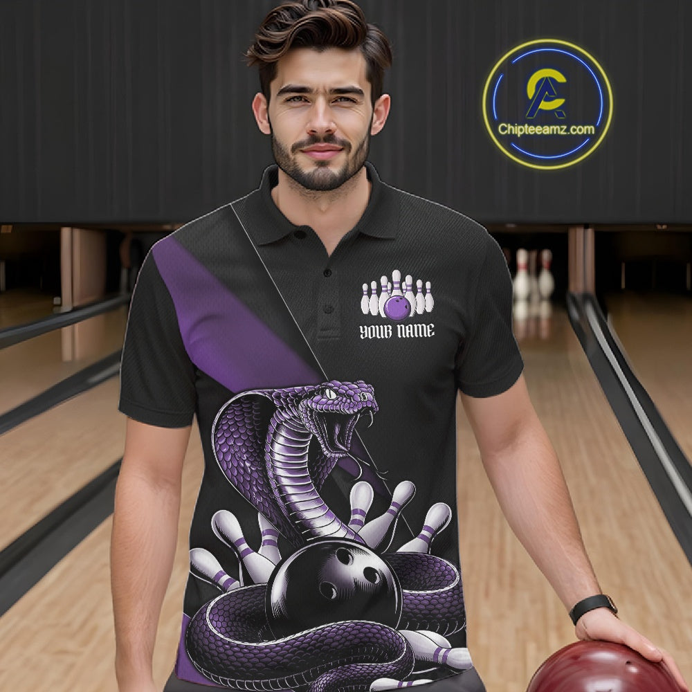 Male model at the bowling alley wearing a black bowling polo with purple cobra artwork and bowling pin graphics.