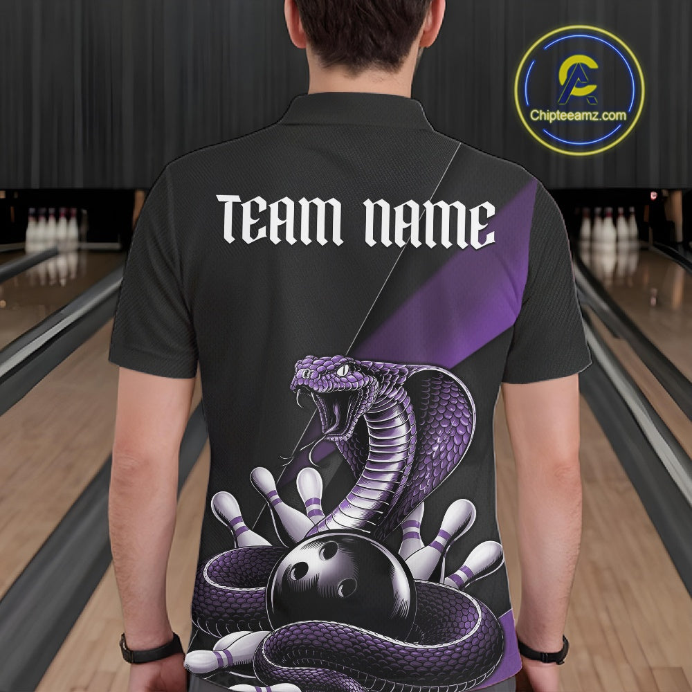 Back view of a black mens bowling polo showcasing a purple cobra wrapped around a bowling ball with scattered pins.