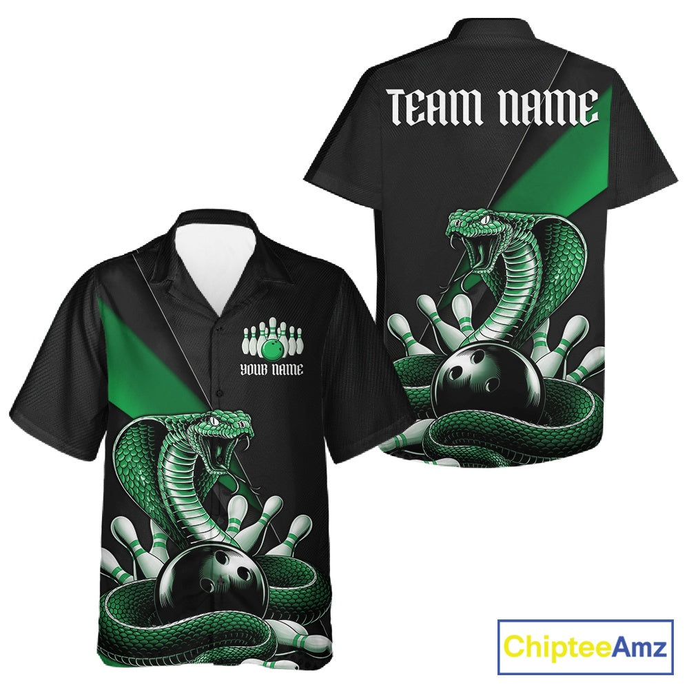 Black button-up bowling shirt mockup featuring a green cobra coiled around a bowling ball and pins.