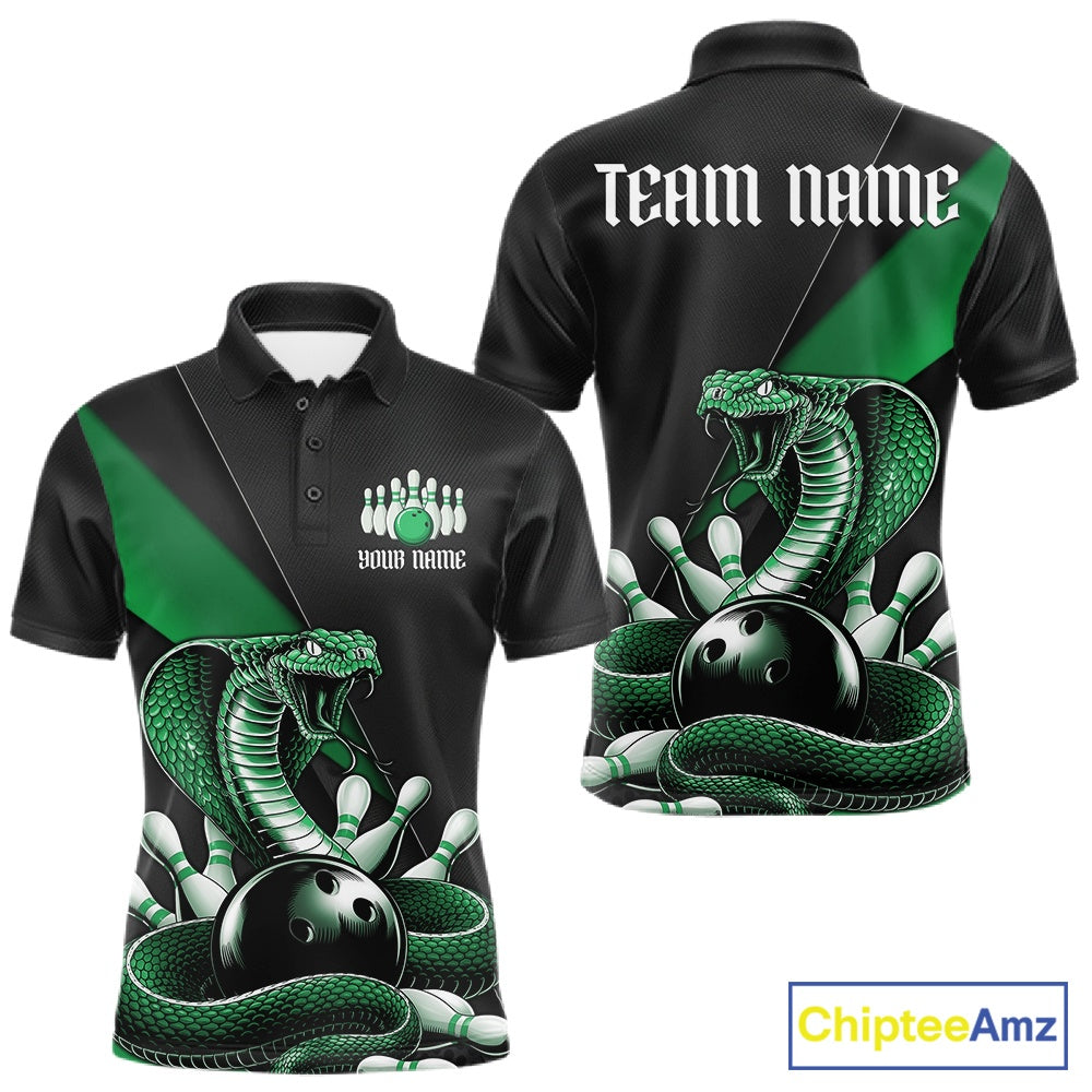 Front and back black mens bowling polo featuring a green cobra coiled around a bowling ball with scattered bowling pins.