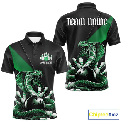 Front and back black mens bowling polo featuring a green cobra coiled around a bowling ball with scattered bowling pins.
