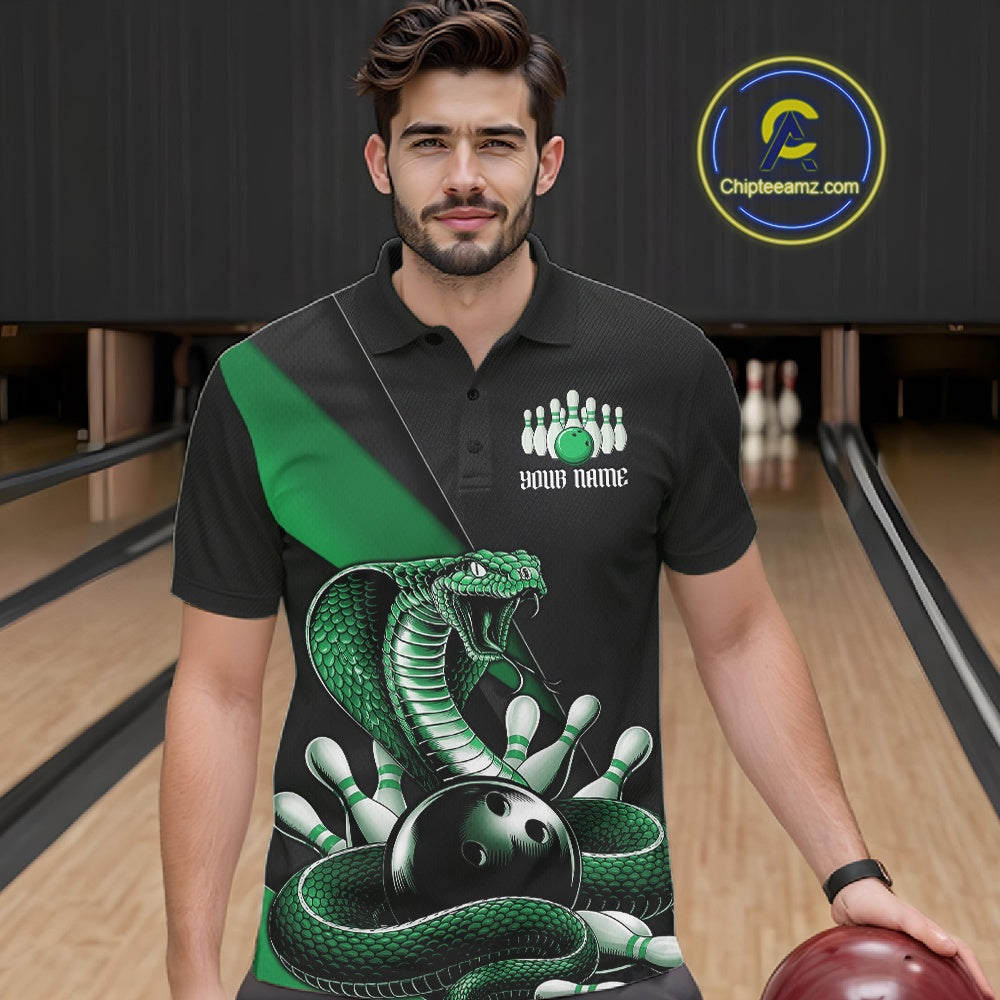 Male model wearing a black bowling polo in a bowling lane with green cobra artwork and bowling-themed details.