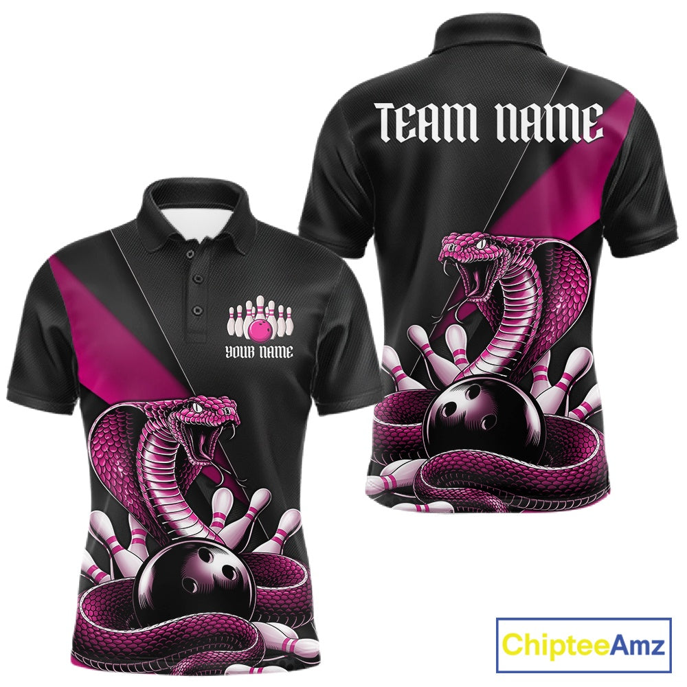 Front and back black mens bowling polo featuring a pink cobra coiled around a bowling ball with scattered bowling pins.