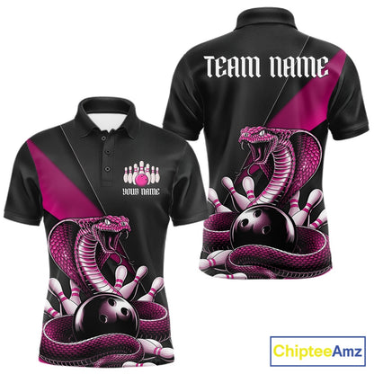 Front and back black mens bowling polo featuring a pink cobra coiled around a bowling ball with scattered bowling pins.