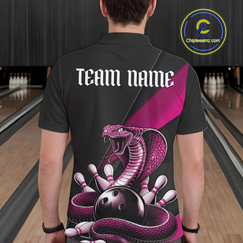 Back view of a black mens bowling polo showcasing a pink cobra wrapped around a bowling ball with scattered pins.
