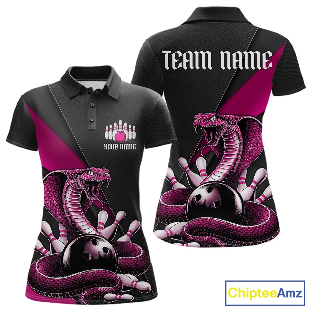 Front and back black womens bowling polo featuring a pink cobra coiled around a bowling ball and scattered pins.