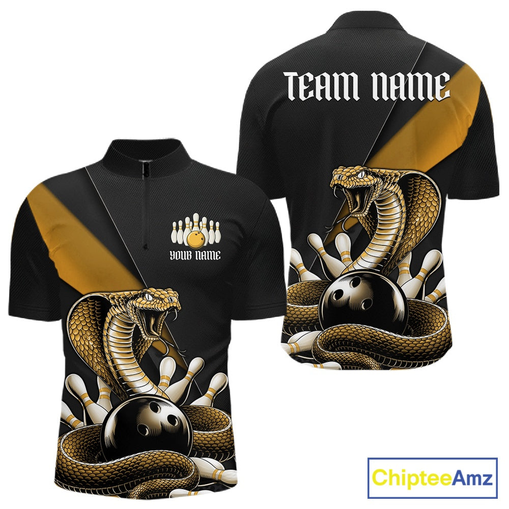 Front and back black mens bowling quarter-zip featuring a yellow cobra coiled around a bowling ball with scattered pins.