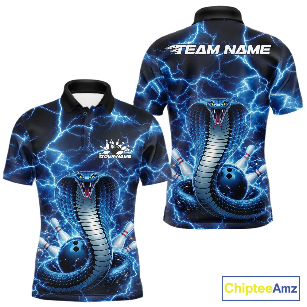 Front and back mens bowling polo featuring a blue cobra coiled around a bowling ball with bold lightning background artwork.