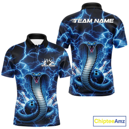 Front and back mens bowling polo featuring a blue cobra coiled around a bowling ball with bold lightning background artwork.
