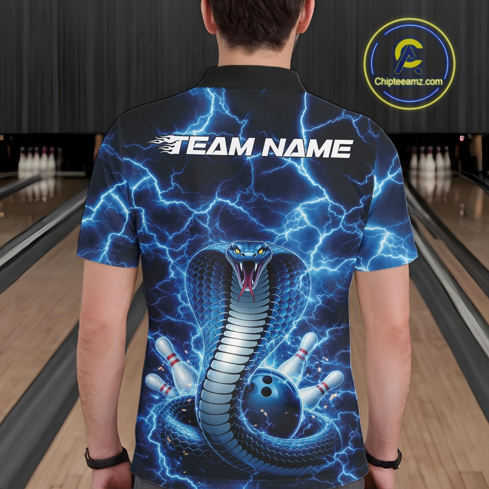Back view of a mens bowling polo showcasing a blue cobra wrapped around a bowling ball with lightning details.