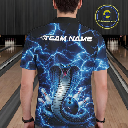 Back view of a mens bowling polo showcasing a blue cobra wrapped around a bowling ball with lightning details.
