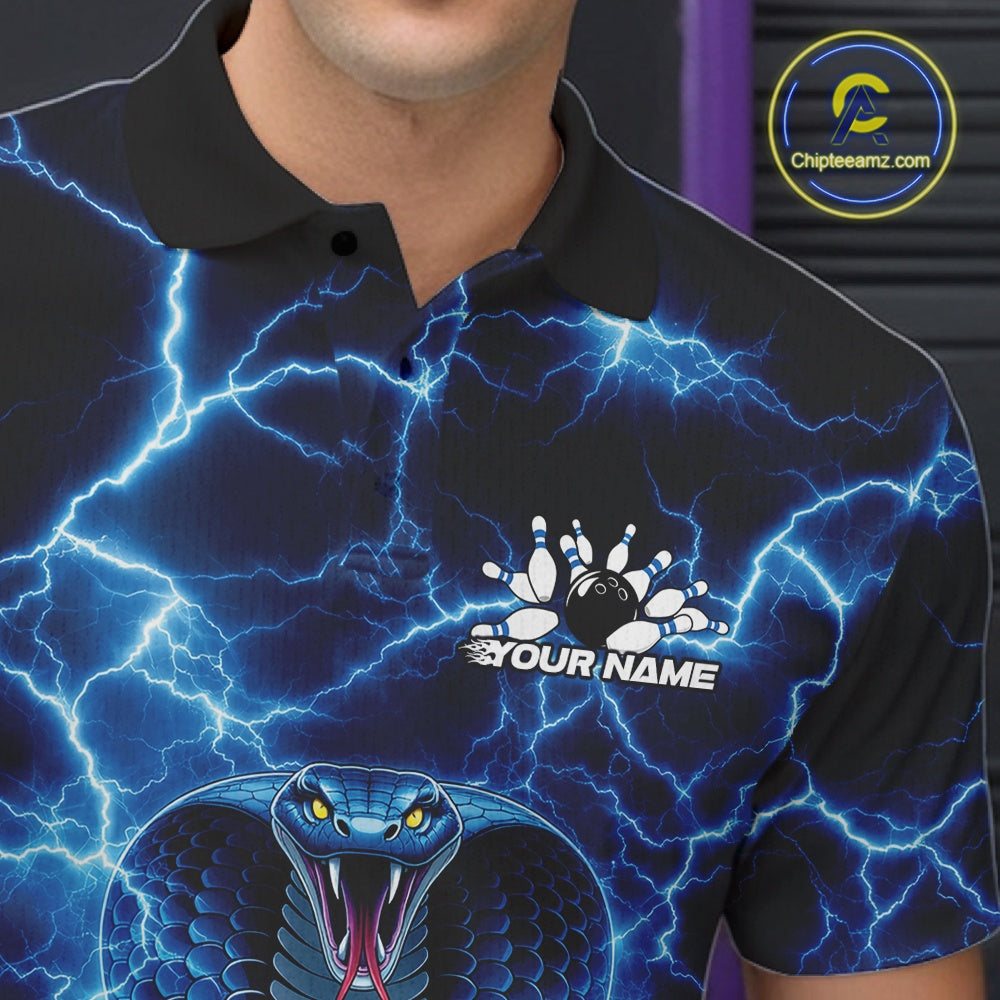 Close-up of the left chest on a bowling polo featuring a blue cobra and bowling ball with lightning effects.