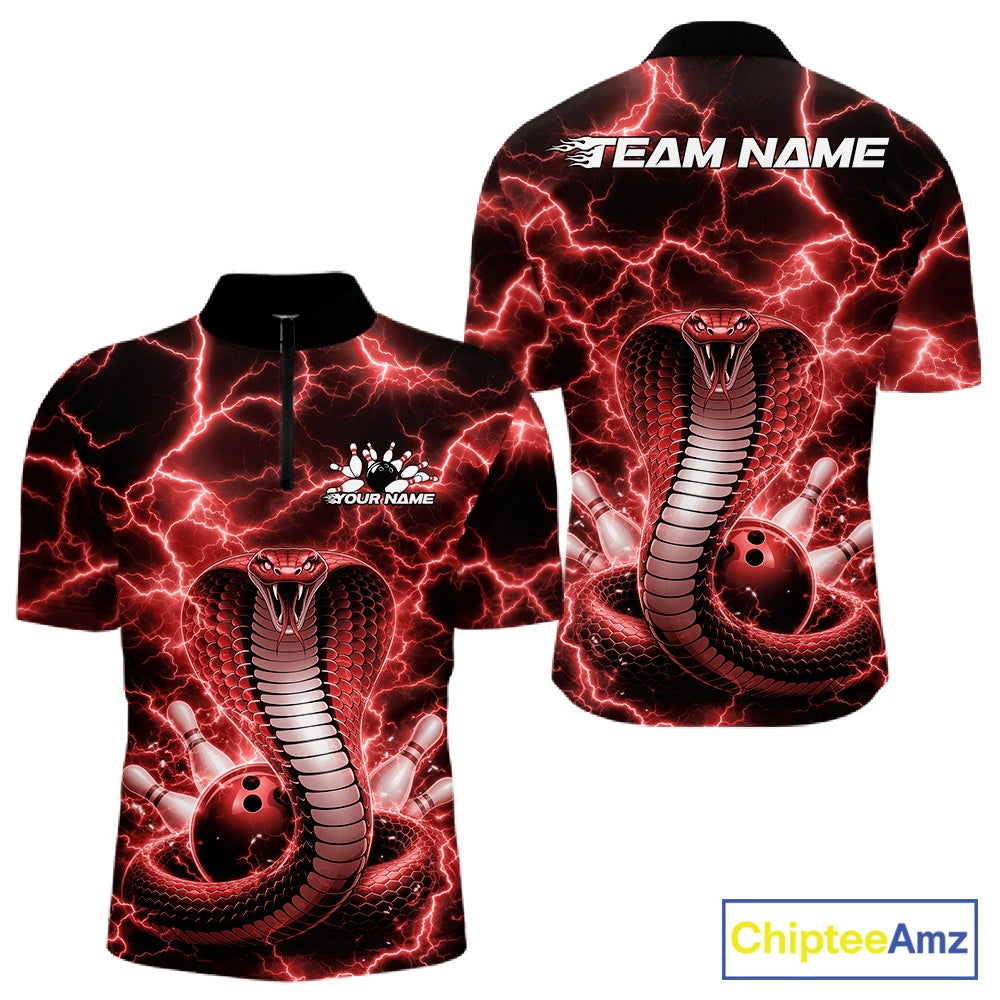 Front and back mens bowling quarter-zip featuring a red cobra coiled around a bowling ball with dramatic lightning graphics.