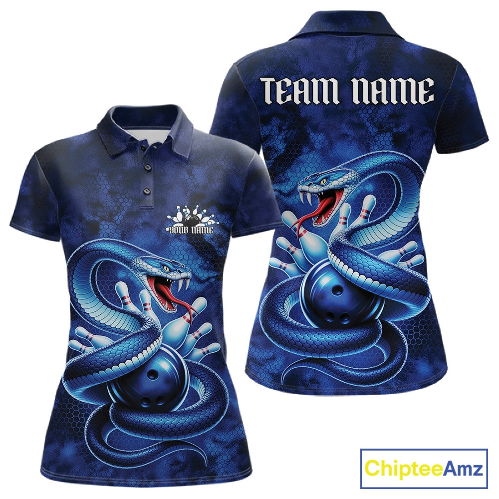 Front and back womens bowling polo featuring a blue cobra coiled around a bowling ball with scattered pins in dark fantasy style.