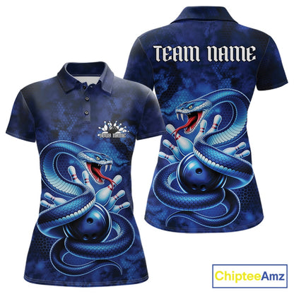 Front and back womens bowling polo featuring a blue cobra coiled around a bowling ball with scattered pins in dark fantasy style.