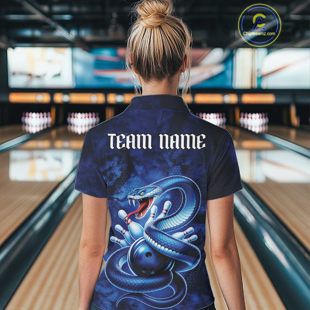 Back view of a womens bowling polo showcasing a blue cobra wrapped around a bowling ball with dark fantasy accents.