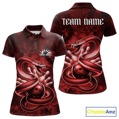 Front and back womens bowling polo featuring a red cobra coiled around a bowling ball with scattered bowling pins.