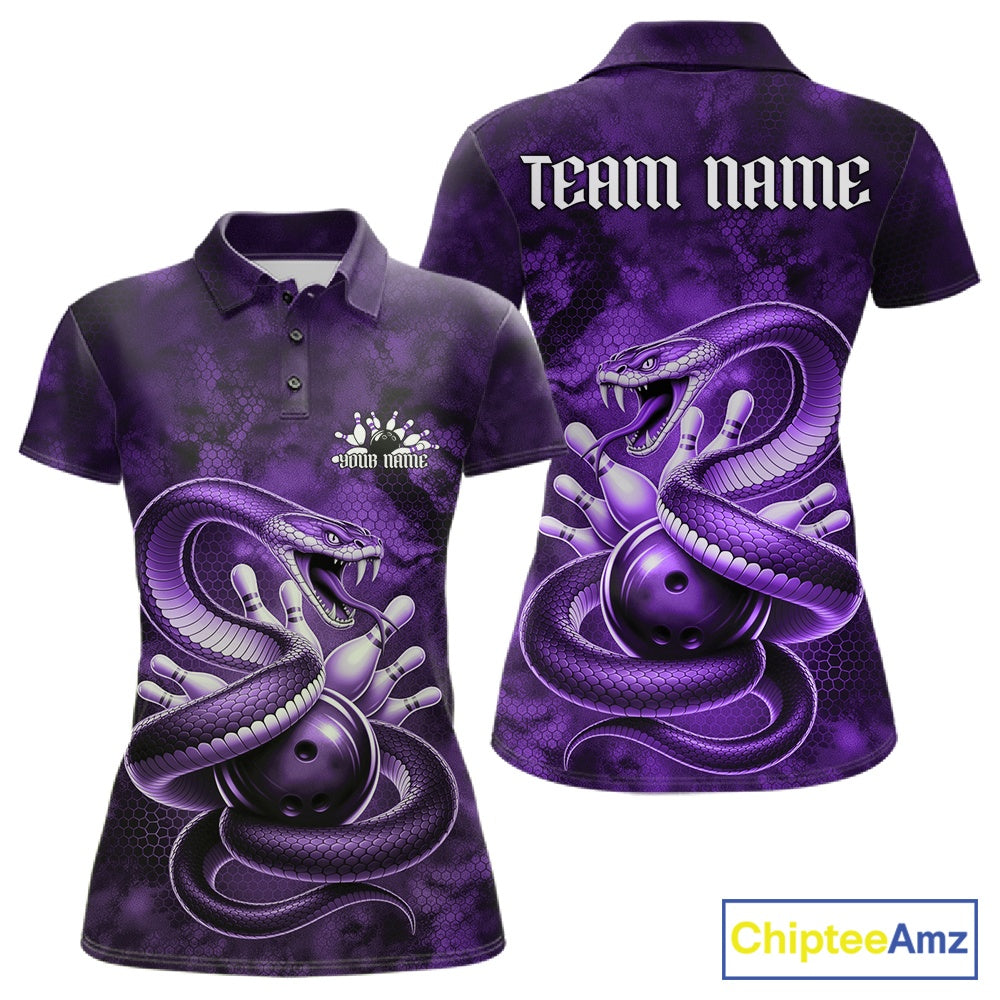 Front and back womens bowling polo featuring a purple cobra coiled around a bowling ball with scattered pins in dark fantasy style.