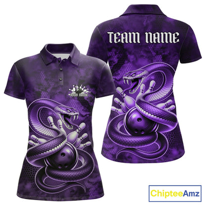 Front and back womens bowling polo featuring a purple cobra coiled around a bowling ball with scattered pins in dark fantasy style.