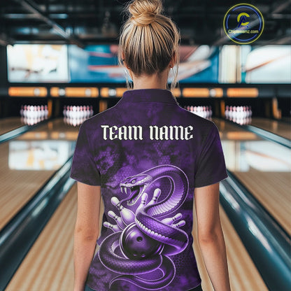 Back view of a womens bowling polo showcasing a purple cobra, bowling ball, and scattered pins in dark fantasy styling.