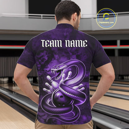 Front view of a mens bowling quarter-zip showcasing a purple cobra, bowling ball, and scattered pin graphics.
