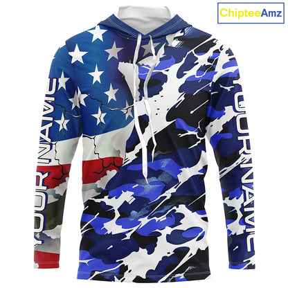Custom American Flag Blue Camo Long Sleeve Shirts, Patriotic Performance Fishing Shirts IPHW6535