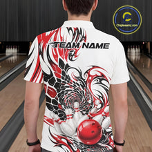 Load image into Gallery viewer, White bowling polo shirt displayed from the back on a male model, showcasing red and black tribal motifs and a glossy bowling strike scene