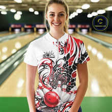 Load image into Gallery viewer, Front view of a female model wearing a white bowling quarter-zip shirt with red and black tribal patterns and bowling pin artwork