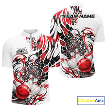 Load image into Gallery viewer, Front and back mockup of a mens white bowling quarter zip shirt featuring a red and black tribal honeycomb pattern with a glossy red bowling ball striking pins