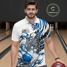 Load image into Gallery viewer, Male model in a bowling alley wearing a white bowling polo shirt with blue and black tribal motifs and a red bowling ball hitting the pins