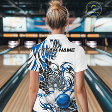 Load image into Gallery viewer, Back view of a womens white bowling polo shirt featuring blue and black tribal graphics, textured scale designs, and bowling imagery