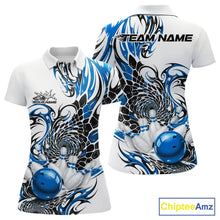 Load image into Gallery viewer, Front and back mockup of a womens white bowling polo shirt featuring blue and black tribal scale artwork and a glossy red bowling ball knocking down pins