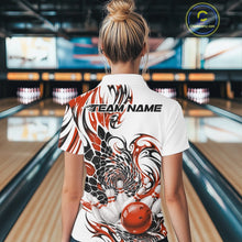 Load image into Gallery viewer, White bowling polo shirt shown from the back on a female model, showcasing orange and black tribal accents, textured scale motifs, and bowling pin imagery