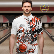 Load image into Gallery viewer, Male model wearing a white bowling quarter-zip with orange and black tribal motifs, scale-inspired textures, and a red bowling action graphic