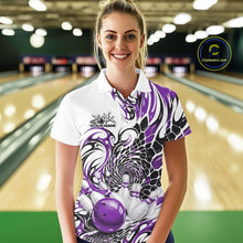 Load image into Gallery viewer, Female model in a bowling alley wearing a white bowling polo shirt with purple and black tribal accents, scale-inspired details, and a red bowling ball striking pins