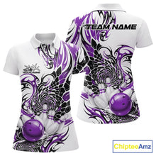 Load image into Gallery viewer, Womens white bowling polo shirt mockup displayed from front and back with purple and black tribal accents and a red bowling ball illustration