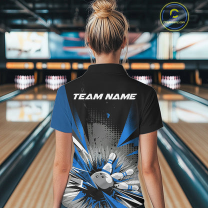 Custom Black And Blue Grunge Bowling Ball And Pins Explosion Team Polo Shirts For Women IPHW9548