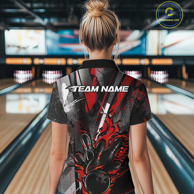 Custom Grunge Black And Red Fire Flame Bowling Women Quarter-Zip Shirt, Bowling Uniform IPHW9555