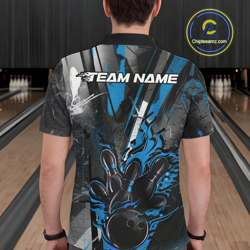 Custom Grunge Black And Blue Fire Flame Bowling Polo Shirts For Men, Bowling Team Uniform IPHW9556