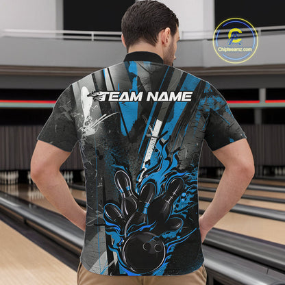 Custom Grunge Black And Blue Fire Flame Bowling Quarter-Zip Shirts For Men, Bowling Team Uniform IPHW9556