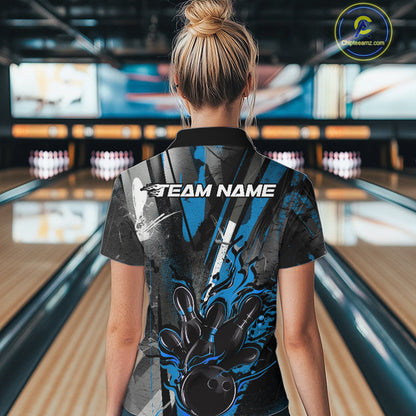 Custom Grunge Black And Blue Fire Flame Bowling Women Quarter-Zip Shirt, Bowling Uniform IPHW9556