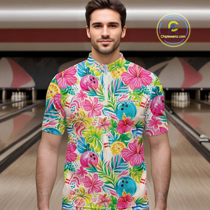 Custom Summer Tropical Flower Bowling Team Men Quarter Zip Shirts, Floral Bowling Shirt IPHW11689