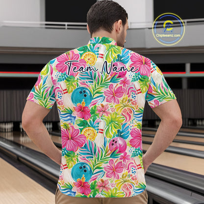 Custom Summer Tropical Flower Bowling Team Men Quarter Zip Shirts, Floral Bowling Shirt IPHW11689