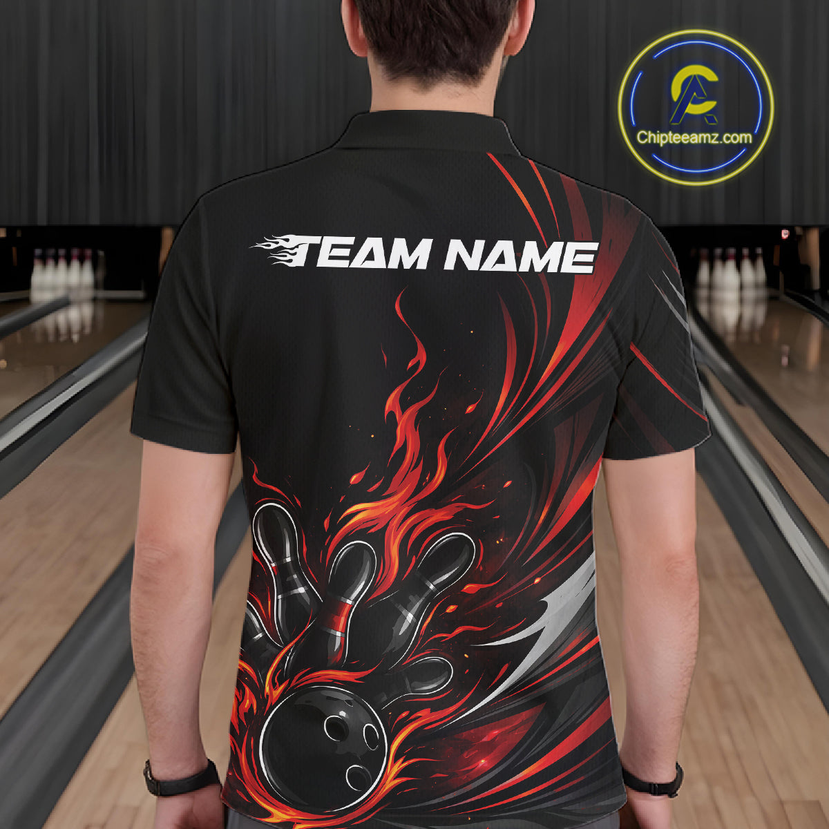 Custom Black And Red Fire Flame Bowling Men Jerseys, Bowling League Polo Shirt IPHW10308
