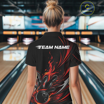 Custom Black And Red Fire Flame Bowling Women Jerseys, Bowling League Polo Shirt IPHW10308